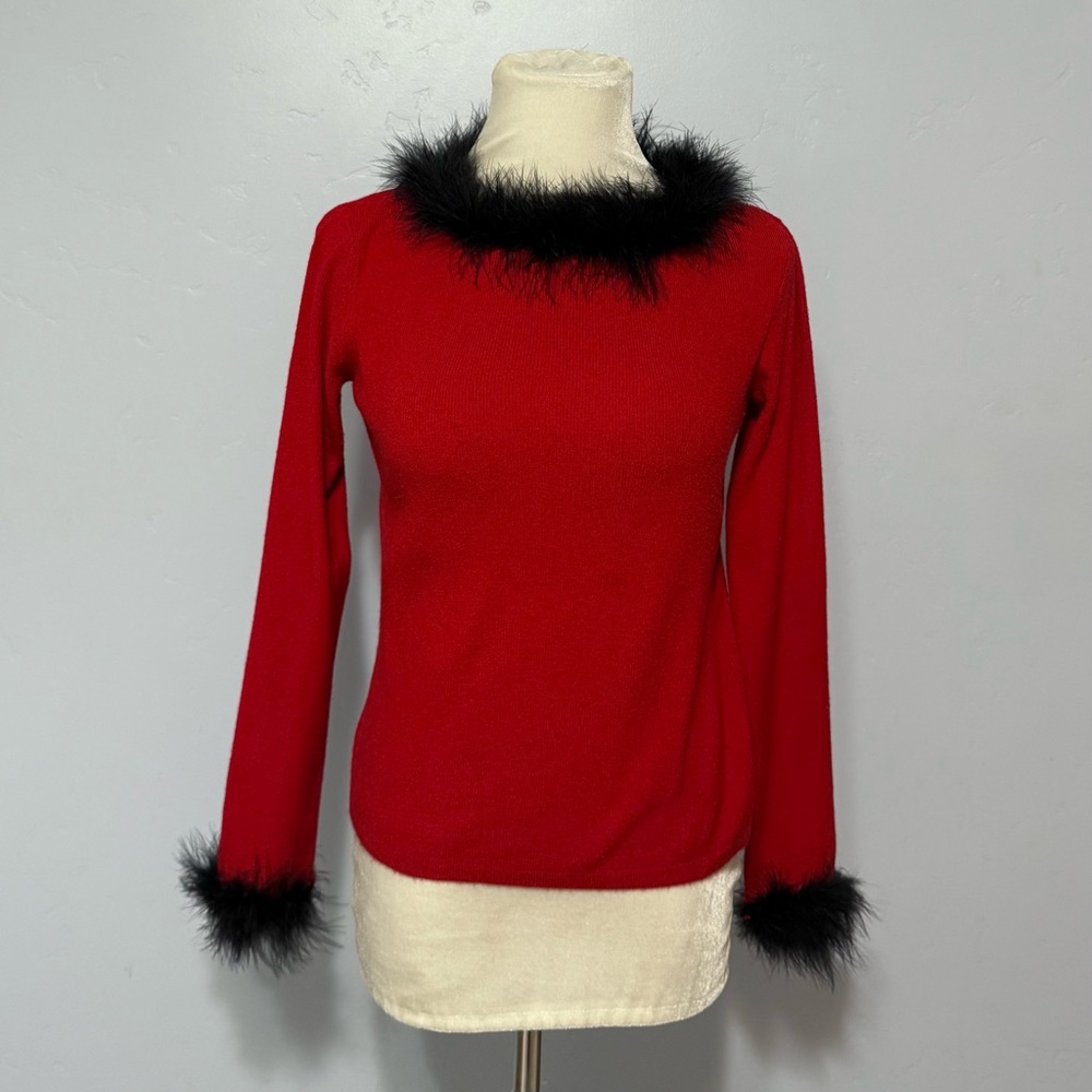 Y2K Worthington Red Sweater with Black Fur Trim